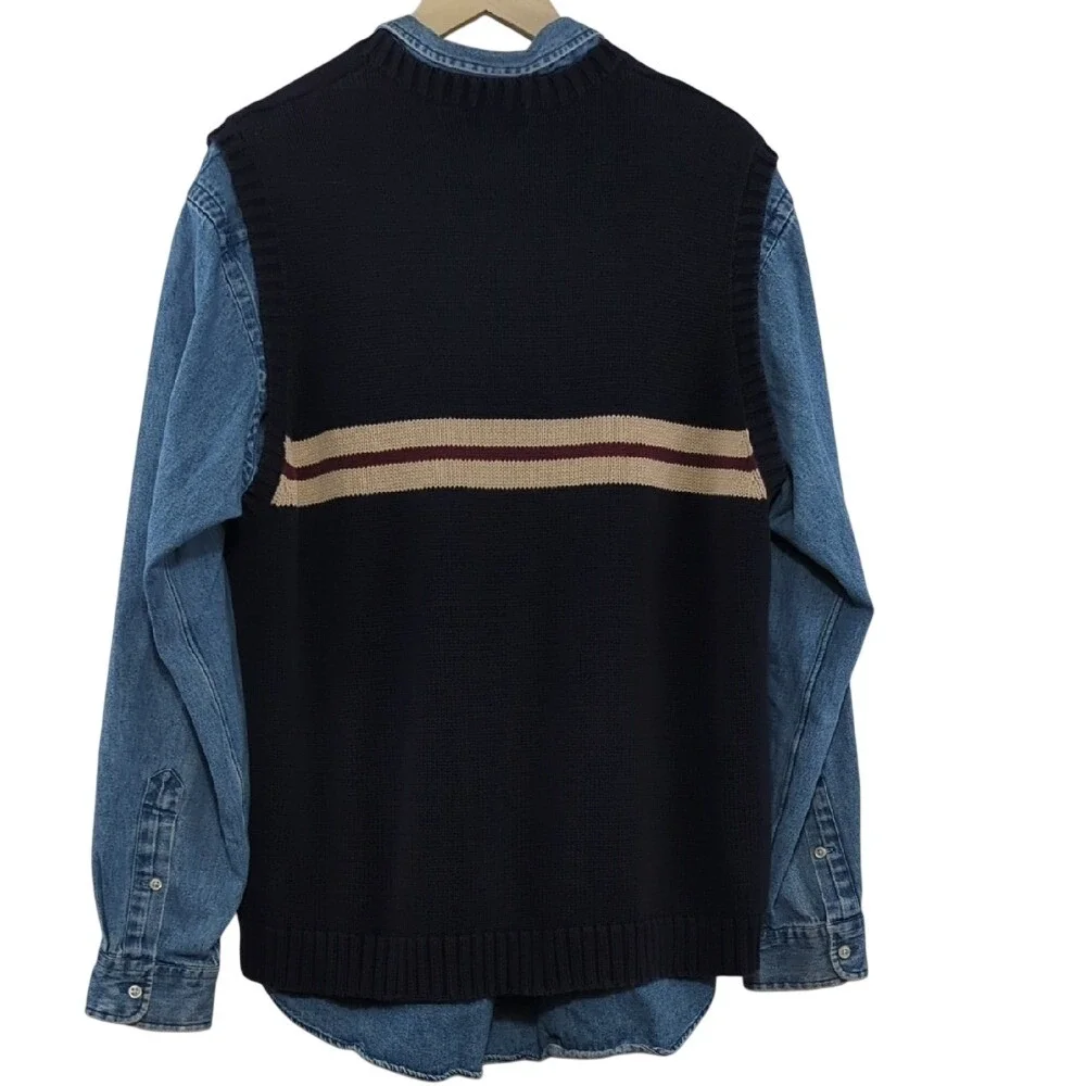Vintage 90s J. Crew Sweater Vest Navy Blue‎ Cream Red Stripe Cotton Preppy Large